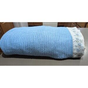 Vintage Springmaid Crochet/Knitted Blue Rose Embroidery Blanket